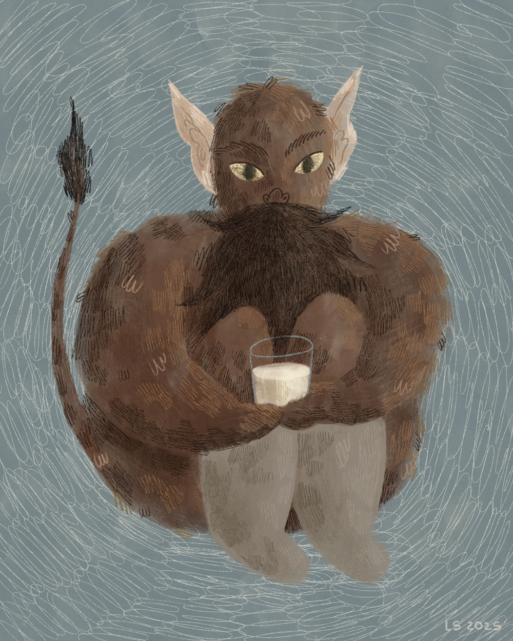 A hairy beast holding a glass of milk. 