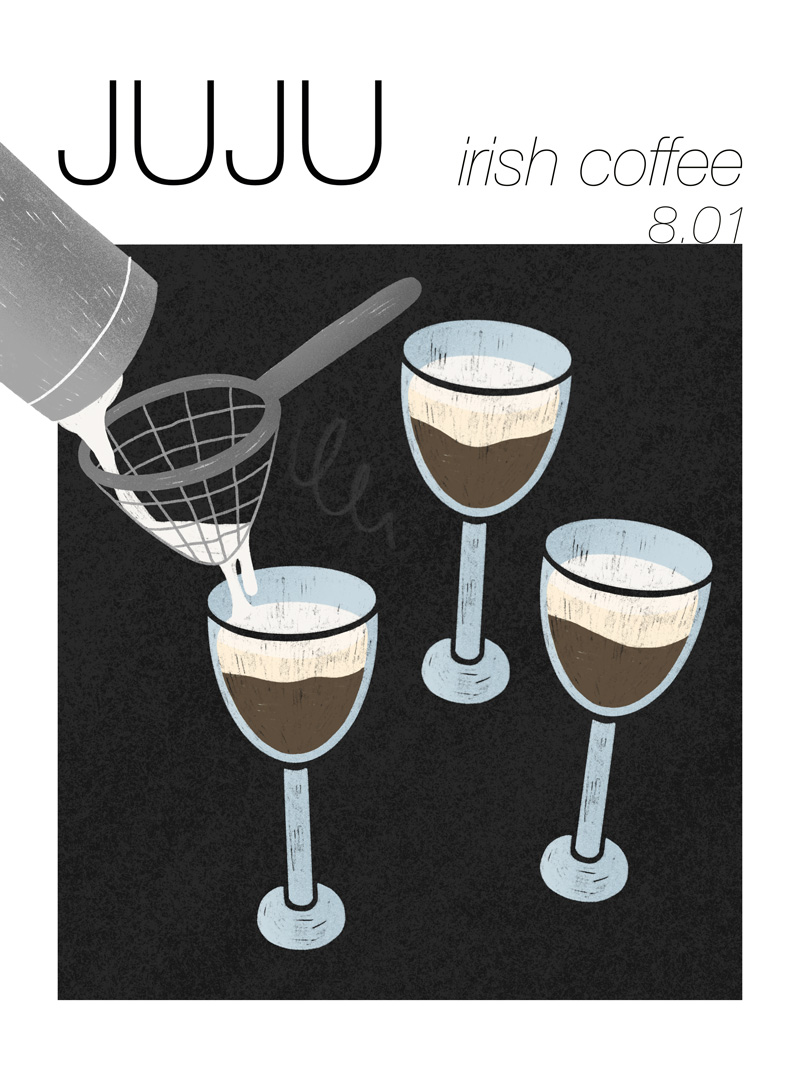 Irish coffee pop-up poster featuring hand-drawn glasses of Irish coffee. 