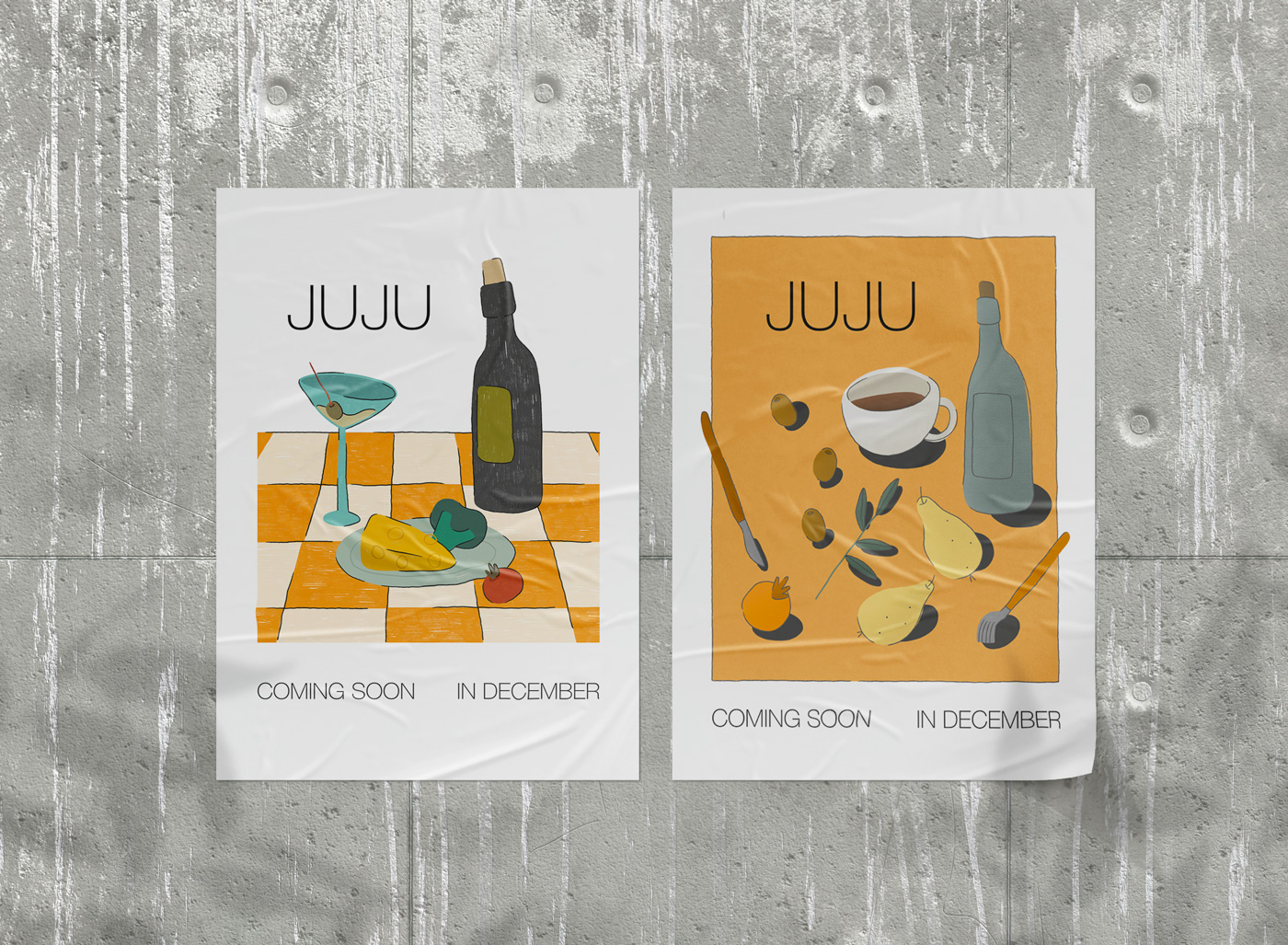 Two posters that read Juju coming soon in December featuring a bottle of alcohol, cheese, vegetables and fruit. 