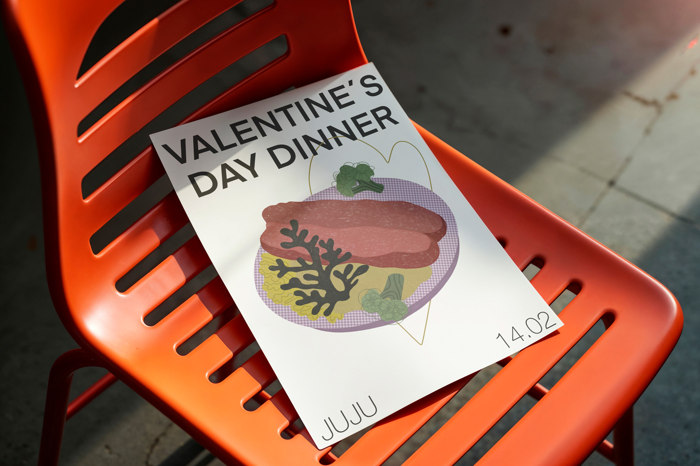 A Valentine’s Day poster with colourful hand-drawn illustrations of a meat dish and a heart. 