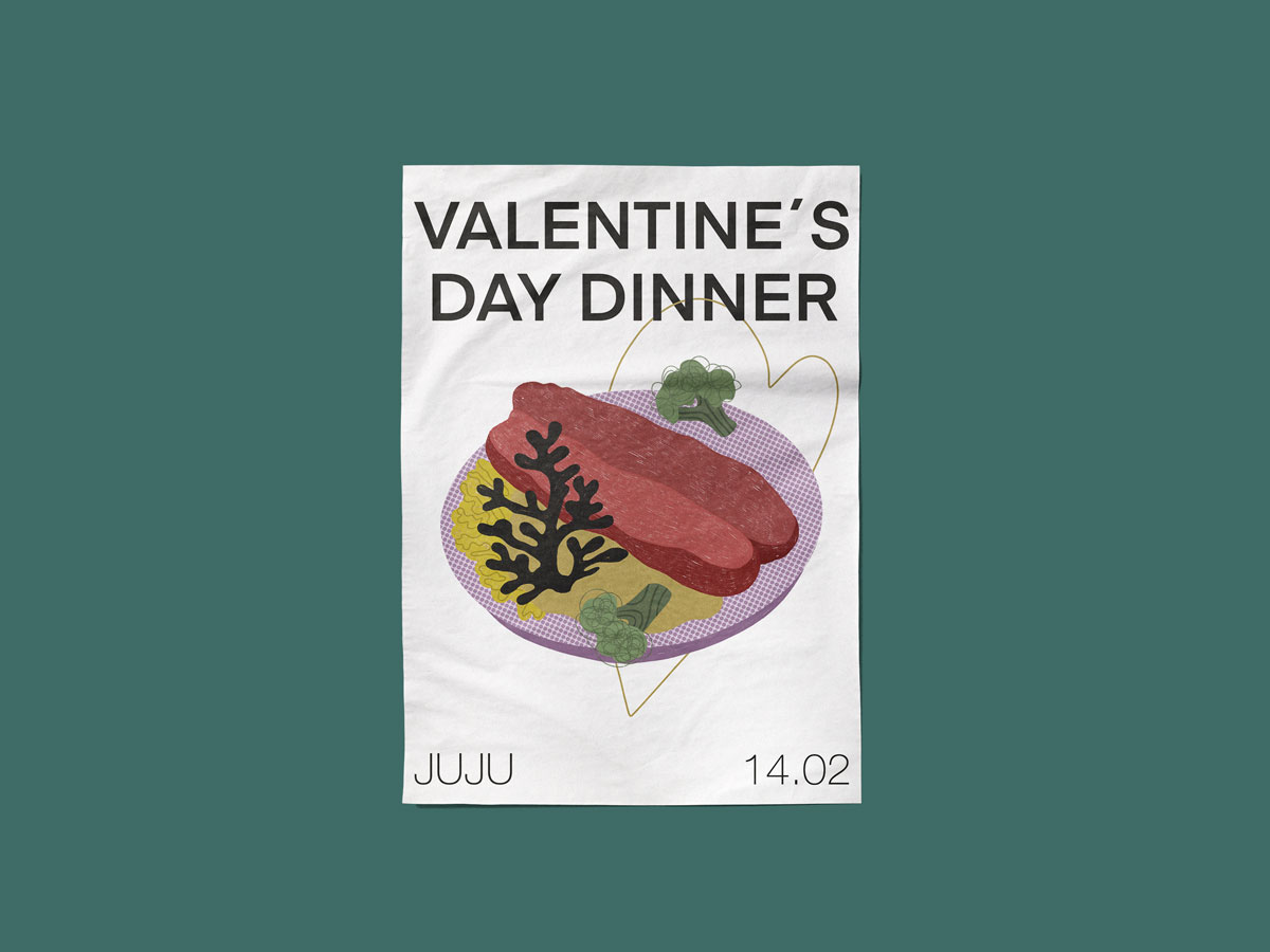 Valentine&rsquo;s Day poster featuring a meat dish and a heart. 