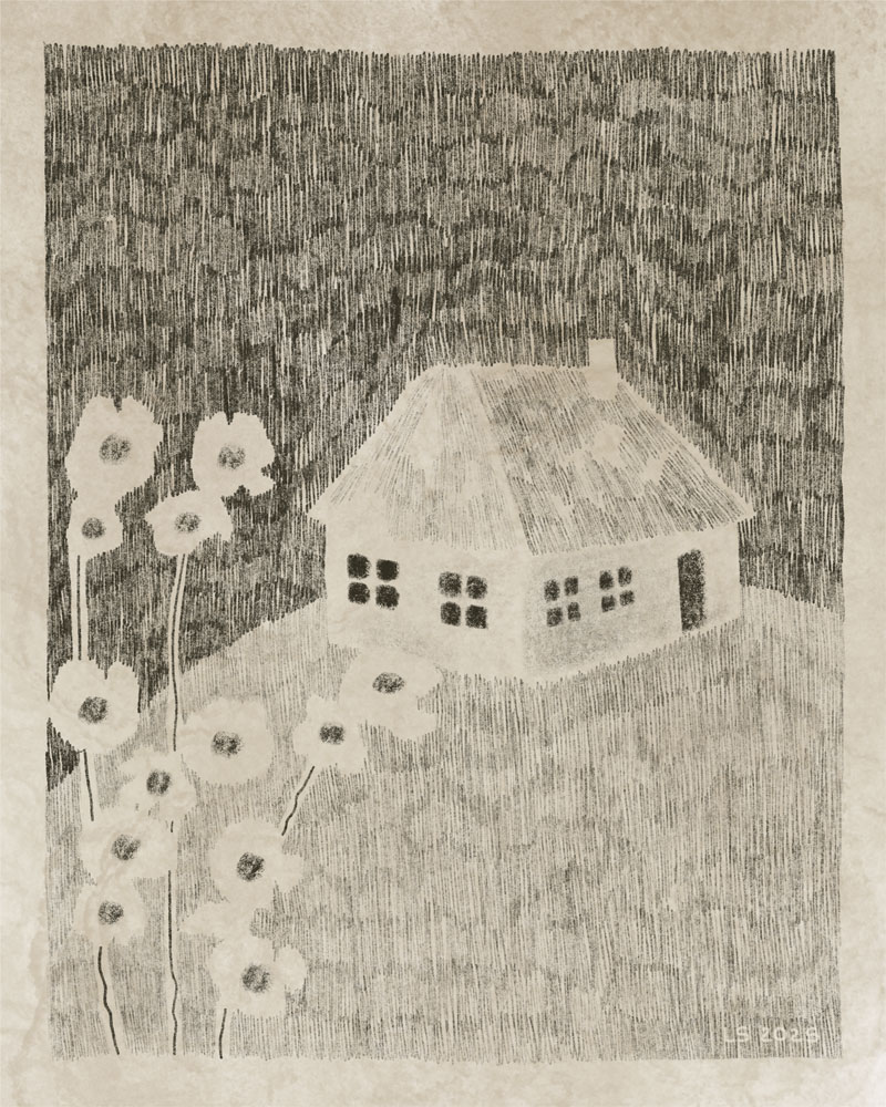 Pencil sketch of a house on a hill. 