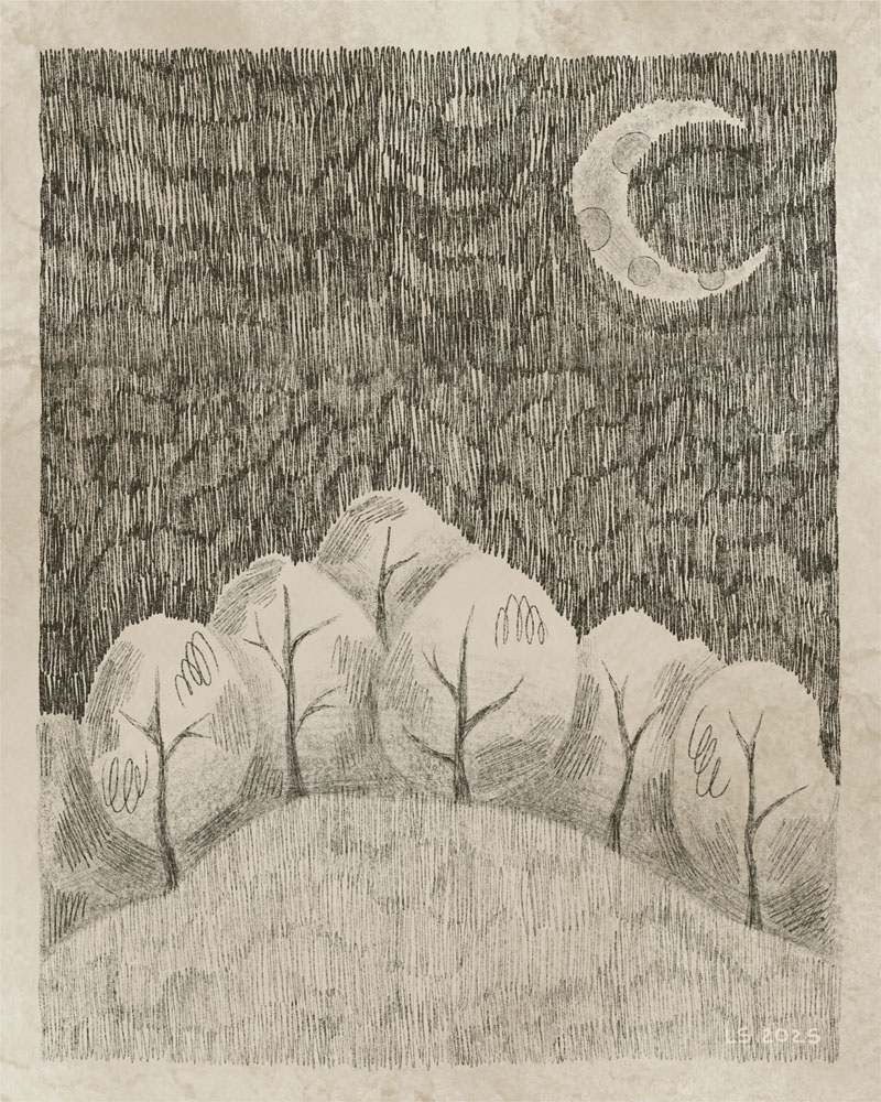 Pencil sketch of trees under a crescent moon. 