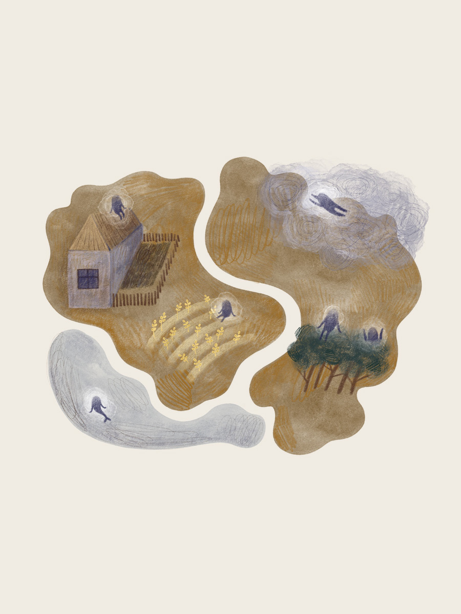 Illustration of a map with spirits. 