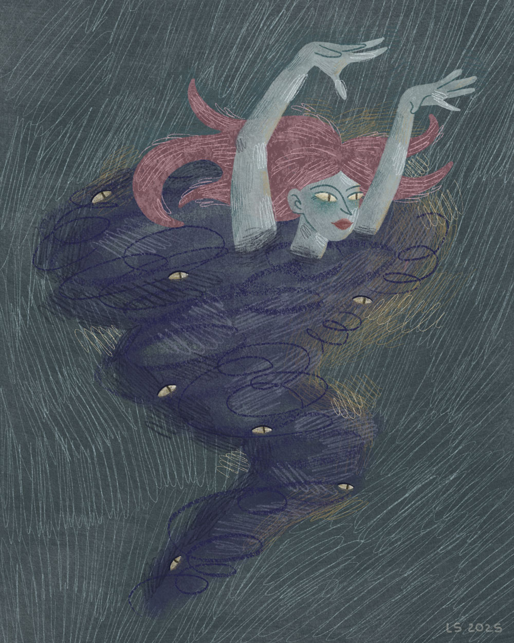 A threatening woman inside the tornado, her pink hair flying in different directions. 